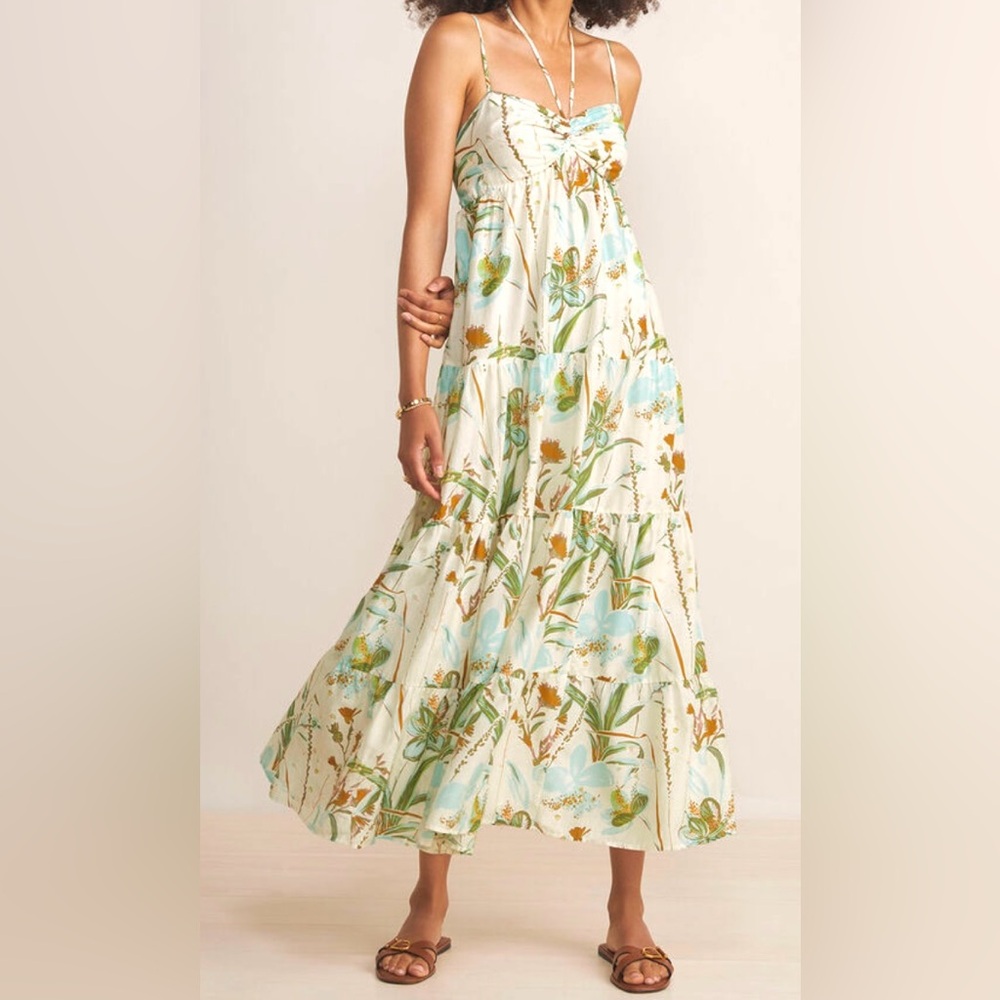 VINEYARD VINES Ruched Halter Neck Smocked Midi Silk Blend Sundress With Pockets